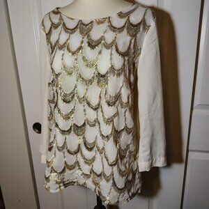 Silk Blouse Top Sheer Sleeveless Cream, Silver & Gold Metallic Threaded Feminine